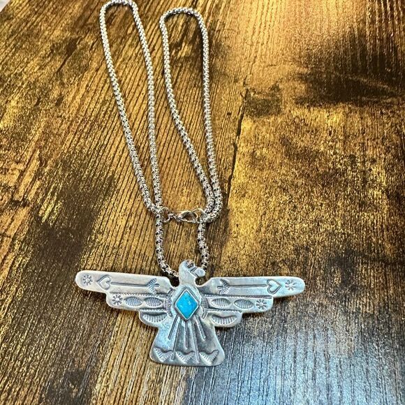 Native American Handcrafted Thunderbird Turquoise and Silver Pendant Necklace, - Picture 9 of 11